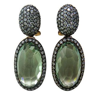 Modern Green Quartz Diamond 18k  Gold Drop Earrings