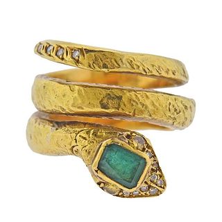 18K Gold  Diamond Emerald Snake Wrap Ring