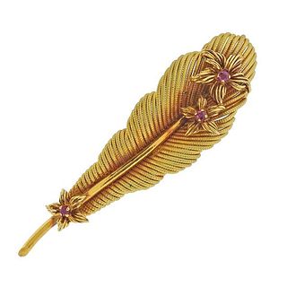 Tiffany &amp; Co 18K Gold Ruby Feather Brooch Pin