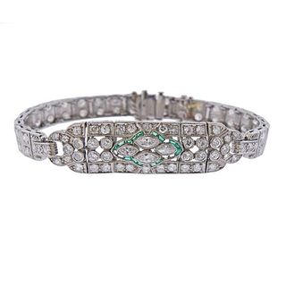 Art Deco Platinum Diamond Emerald Bracelet 