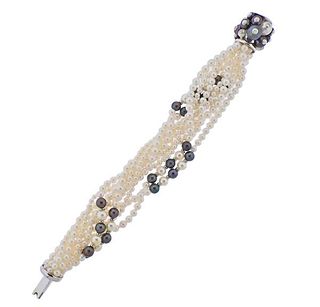 Trianon 18k White Gold Multi Strand Pearl Diamond Bracelet