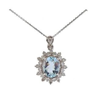 14K Gold Diamond Aquamarine Pendant Necklace 