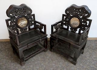 Pair Qing Zitan Chairs With Stone Insets