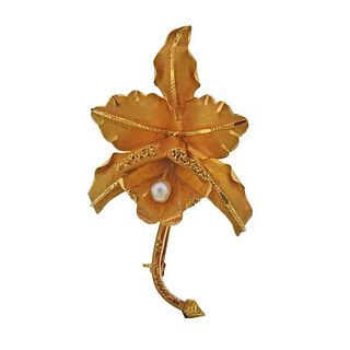 18K Gold Pearl Orchid Flower Brooch Pin