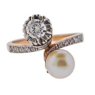 Antique 18K Gold Platinum Diamond Pearl Ring