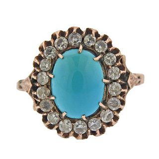 Antique 14k Gold Diamond Turquoise Ring