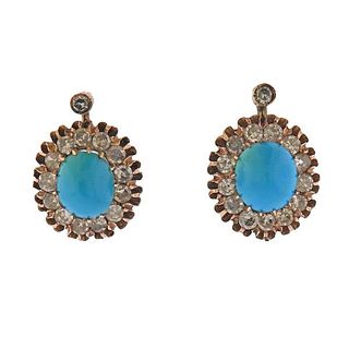 Antique 14K Gold Diamond Turquoise Earrings
