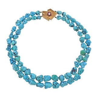 14K Gold Diamond Turquoise Ruby Two Strand Necklace  