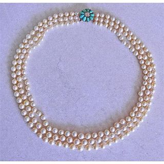 14K Gold Diamond Turquoise Pearl Necklace 