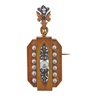 Antique Victorian 18k Gold Silver Diamond Pearl Pendant Brooch