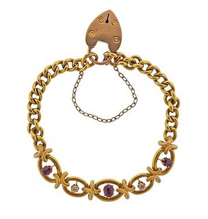 Antique Victorian Gold Diamond Padlock Charm Bracelet 