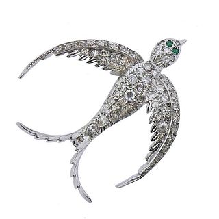 14K Gold Diamond Emerald  Bird Brooch Pin