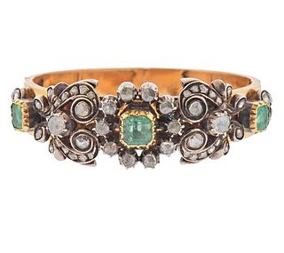 Antique 18K Gold Silver Rose Cut Diamond Emerald Bangle Bracelet