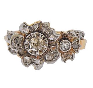 Mid Century 18K Gold Platinum Diamond Floral Ring