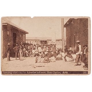 Issuing Clothing to Apache Indians, San Carlos, Ariz. Cabinet Card, circa 1890