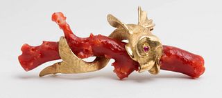 Whimsical 1970's Italian Red Coral and 14 Karat Gold Dolphin Brooch