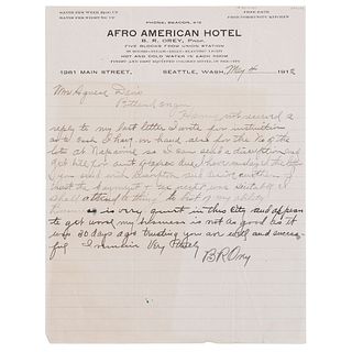 ALS from B.R. Orey, Proprietor of Afro American Hotel on Letterhead, Seattle, 1912