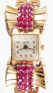 Ladies 14K Ruby LENTE Art Deco Wrist Watch 