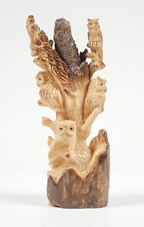 Carved Walrus Tusk OWLS on Tree, Inuit