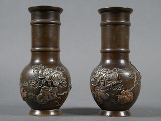 Pair Meiji Bronze Silver Japanese Vases