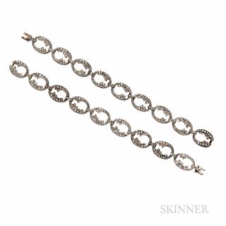 Pair of Antique Diamond Bracelets, set with old mine- and old single-cut diamonds, approx. total wt. 7.00 cts., silver-topped gold moun