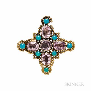 Late Georgian Gold and Pink Topaz Brooch, c. 1830, set with foil-back pink topaz, with cabochon turquoise accents, and burr motifs, 1 3