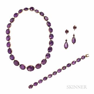 Antique Gold and Amethyst Partial Parure, c. 1840, comprising a riviere, bracelet, and earpendants, all with bezel-set amethysts, lg. 1