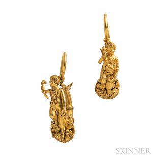 Archeological Revival Gold Earrings, after an antique prototype, depicting Cupids and cornucopia, with granulation and filigree, lg. 1