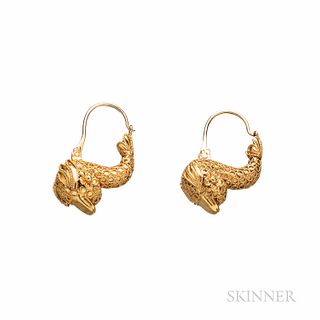 Archeological Revival Gold Dolphin-form Earrings, with applied ropework, 6.3 dwt, lg. 1 1/8 in.