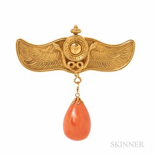 Archeological Revival Gold and Coral Brooch, the wing motif with applied wirework, with snake and sun motifs, lg. 2 7/8 in., suspending