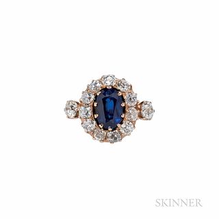 Antique Gold, Sapphire, and Diamond Ring, set with an oval-cut sapphire measuring approx. 9.40 x 6.10 x 4.30 mm, framed by old European