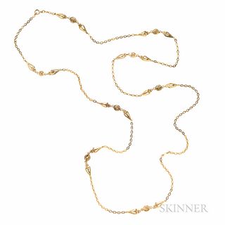 Art Nouveau 18kt Gold Longchain, France, filigree and chain links, 54.2 dwt, lg. 60 in., partial maker's mark and guarantee stamps.