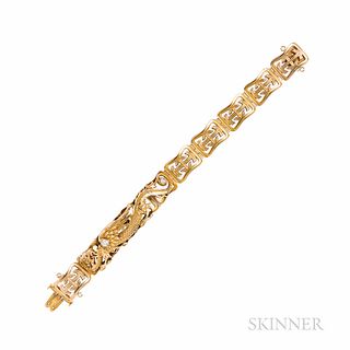 Art Nouveau Riker Bros. 14kt Gold and Diamond Dragon Bracelet, c. 1900, the hinged panels inspired by Chinese fretwork, depicting a dra