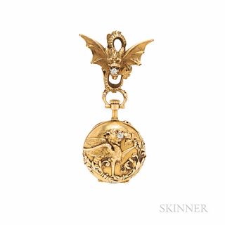 Antique 18kt Gold and Diamond Open-face Pendant Watch, depicting a griffin holding an old European-cut diamond in its mouth, stem-wind,