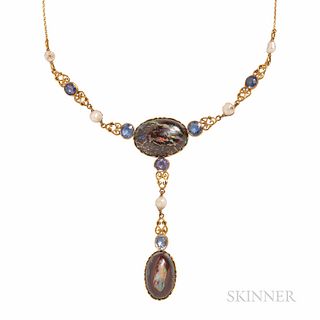 Art Nouveau Gold and Boulder Opal Necklace, set with opal cabochons, and bezel-set sapphires, with pearl accents, lg. 15 1/4, the drop