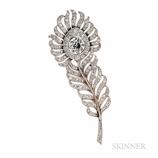 Edwardian J.E. Caldwell & Co. Diamond Peacock Feather Brooch, bezel-set with an old European-cut diamond weighing approx. 1.25 cts., pl