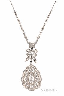 Edwardian Platinum and Diamond Pendant Necklace, set with a pear-shape diamond weighing approx. 0.50 cts., and old European-, old singl