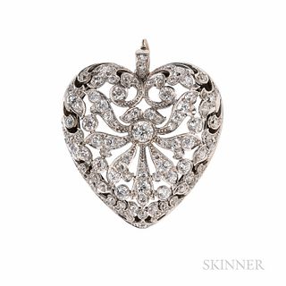 Edwardian Platinum and Diamond Heart Pendant/Brooch, set with old European- and old single-cut diamonds, approx. total wt. 3.00 cts., r