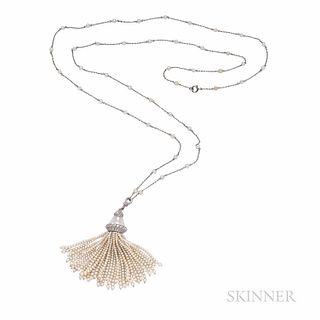 Platinum and Pearl Tassel, composed of antique elements, the cap set with single-cut diamonds, millegrain accents, rose-cut diamond hoo