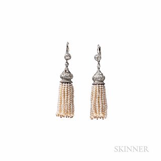 Platinum, Pearl, and Diamond Tassel Earrings, composed of antique elements, with two bezel-set old European-cut diamonds, approx. total