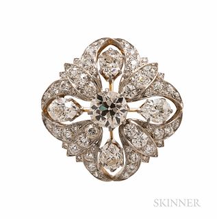 Edwardian Tiffany & Co. Diamond Brooch/Pendant, centering an old European-cut diamond weighing approx. 1.95 cts, further-set with old E