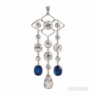 Art Deco Platinum, Sapphire, and Diamond Pendant, bezel-set with two sapphires measuring approx. 7.70 x 6.20 x 4.90 and 7.60 x 6.20 x 4