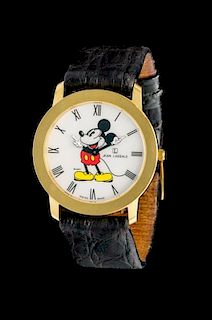 An 18 Karat Yellow Gold and Mother-of-Pearl Painted Mickey Mouse Wristwatch, Jean Lassale for Disney,