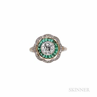 Diamond Ring, bezel-set with an old European-cut diamond weighing approx. 1.25 cts., calibre-cut emeralds, and rose-cut diamonds, plati
