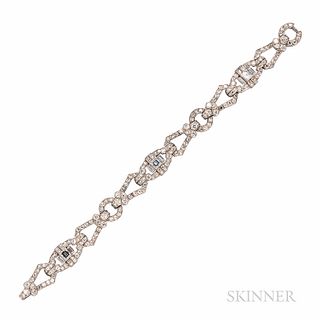 Art Deco Platinum and Diamond Bracelet, set with square-, baguette-, old European-, and old single-cut diamonds, approx. total wt. 5.00