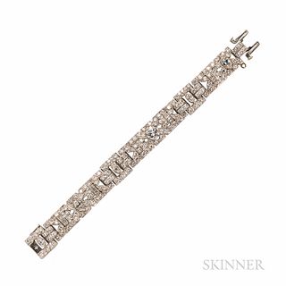 Art Deco Platinum and Diamond Bracelet, centering a later-set full-cut diamond weighing approx. 1.50 cts., and marquise-, baguette-, an