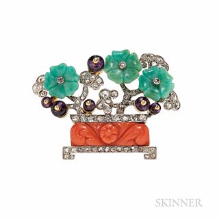 Art Deco Cartier Coral, Amazonite, Amethyst, and Dimond Flowerpot Brooch, London, the carved coral flowerpot with amazonite and amethys