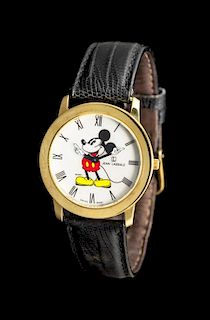 An 18 Karat Yellow Gold and Mother-of-Pearl Painted Mickey Mouse Wristwatch, Jean Lassale for Disney,