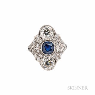 Art Deco Platinum, Sapphire, and Diamond Ring, centering a cushion-cut sapphire measuring approx. 6.50 x 6.00 x 3.80 mm, flanked by old