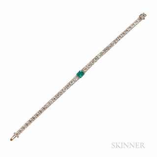 Art Deco Platinum, Emerald, and Diamond Bracelet, bezel-set with an emerald-cut emerald measuring approx. 6.90 x 6.00 x 4.00 mm, and bo